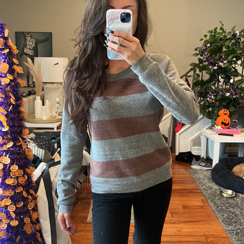 Bella Luxx Gray and Burnt Sienna Striped Sweater